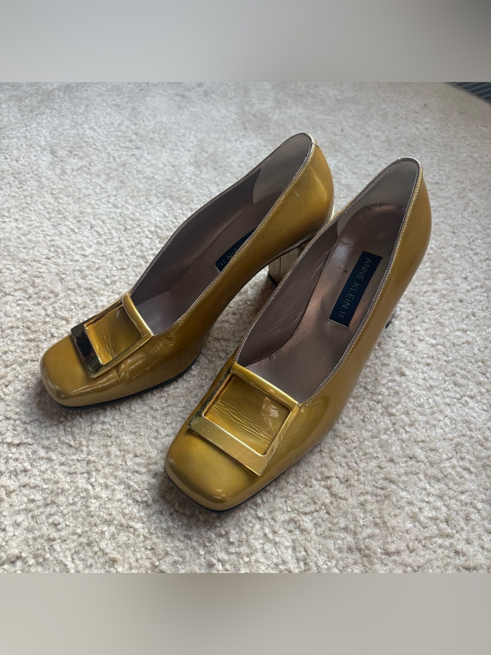 Anne Klein II Bobbie Gold Taupe Metallic Square Toe Block Heel Pumps Women's 8 M